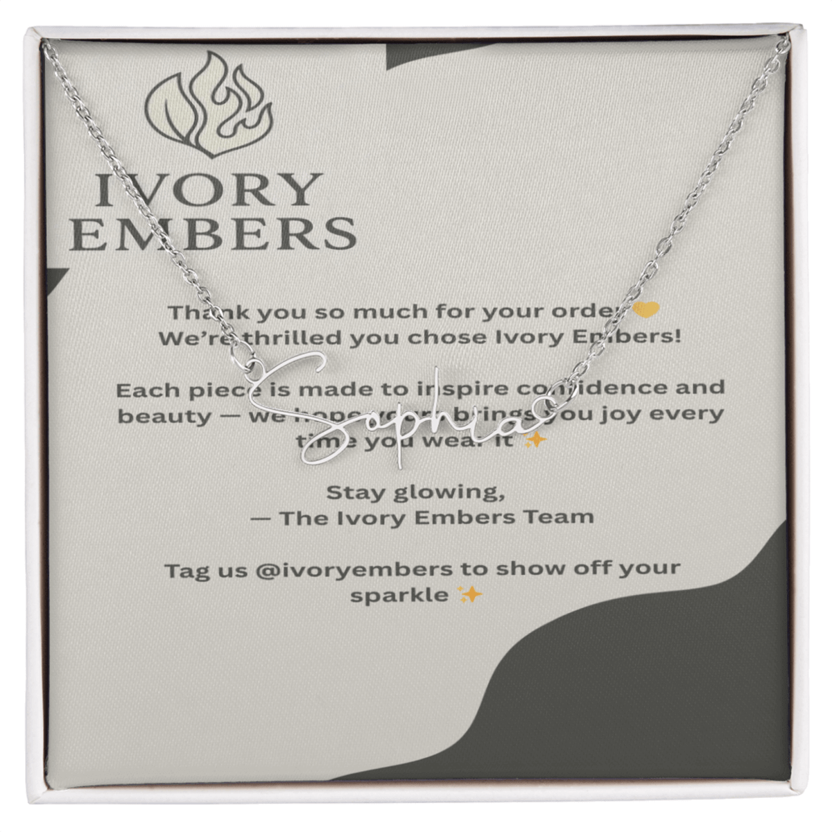 TrueScript Signature Necklace displayed in a gift box, featuring personalization with the name 'Sophie'.