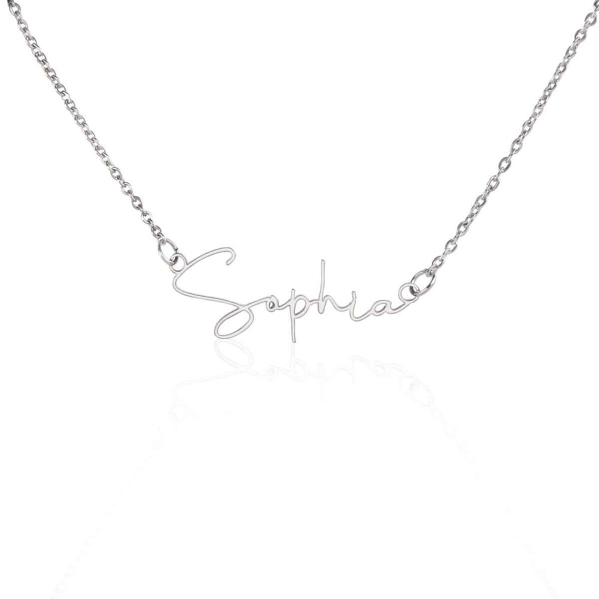 TrueScript Signature Necklace featuring the name 'Sophia' in sleek, modern script, crafted in polished stainless steel.
