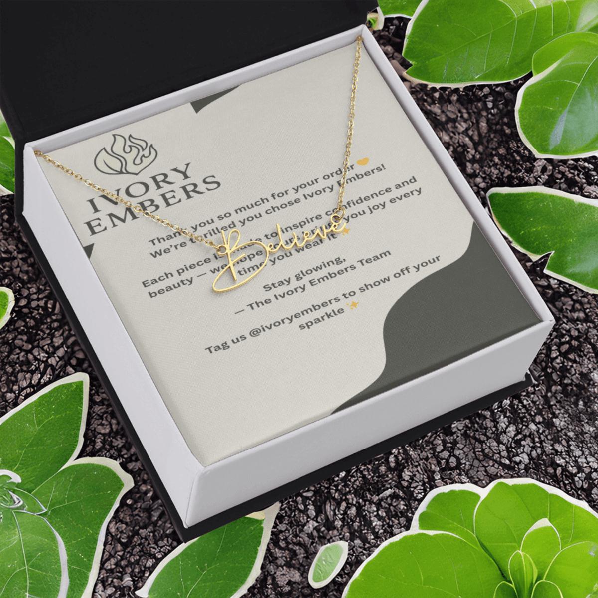 TrueScript Signature Necklace from Ivory Embers, elegantly displayed in a gift box with a personal note.