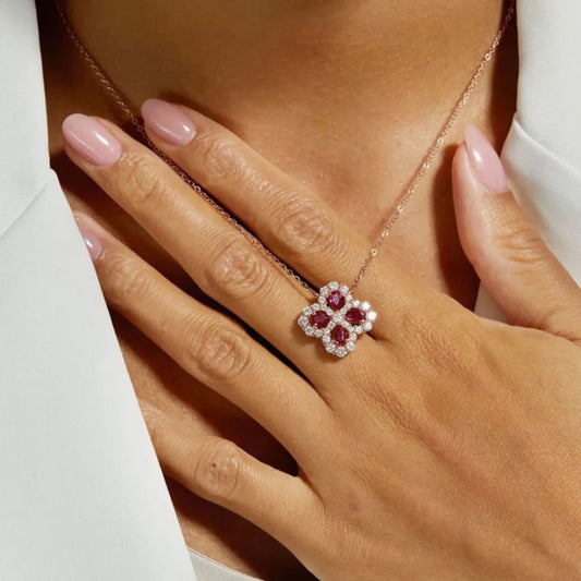 FloraLuxe Ruby Flower Necklace - Ivory Embers
