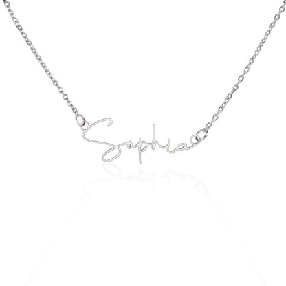 TrueScript Signature Necklace featuring the name 'Sophia' in sleek, modern script, crafted in polished stainless steel.