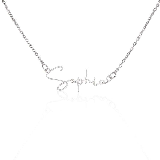 TrueScript Signature Necklace featuring the name 'Sophia' in sleek, modern script, crafted in polished stainless steel.